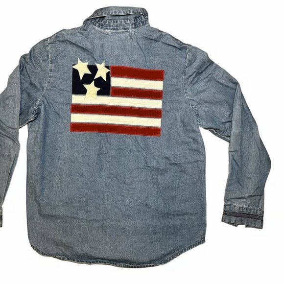 Vintage Blair Women's Denim Shirt Appliqué Stars USA Flag - Size Medium​​​ - Picture 3 of 5